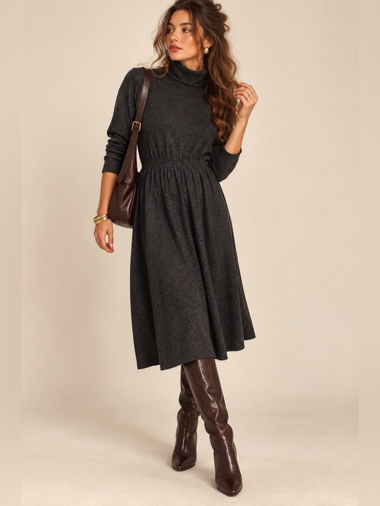 Vintage Dresses & Skirts - Vintage 70s All Week Long Wool Blend Charcoal Mock Neck Midi Dress USA Size 10